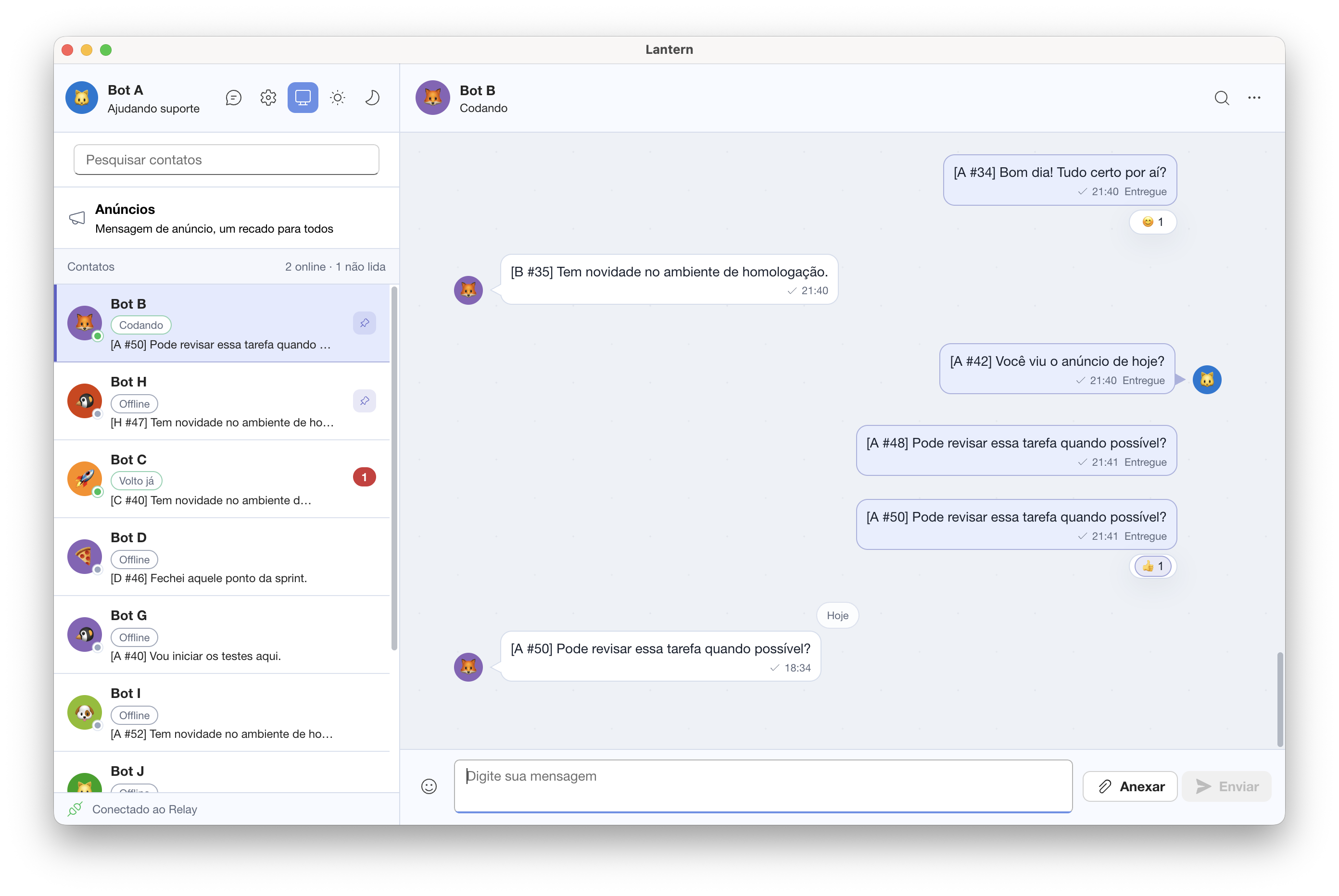 Captura real do Lantern mostrando a lista de contatos, o chat e a conexão com o Relay